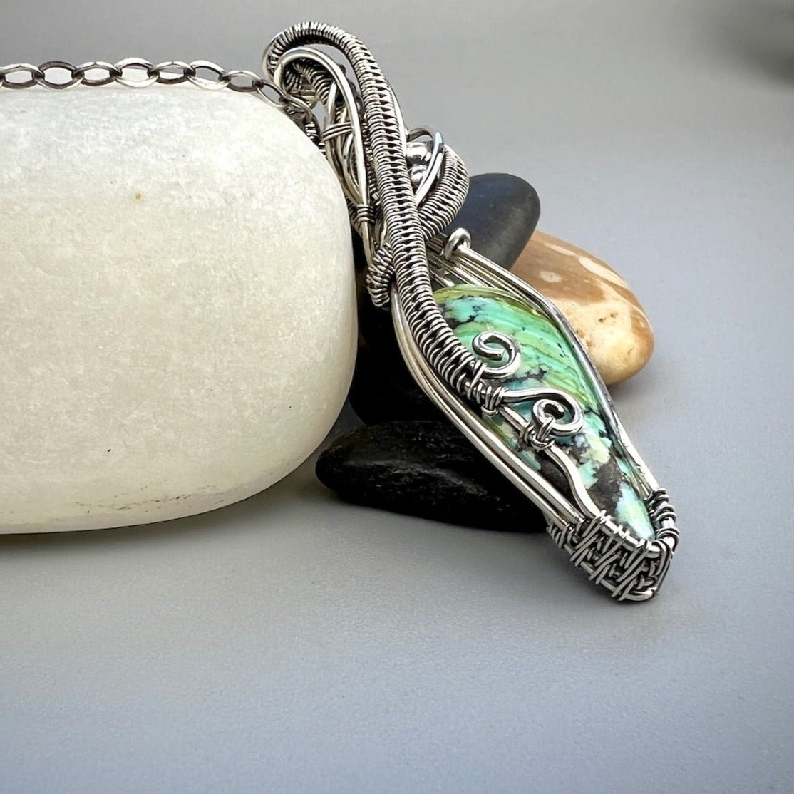 Sterling Silver Turquoise Pendant with Elegant Woven Accents - Silver Dryad Pendant