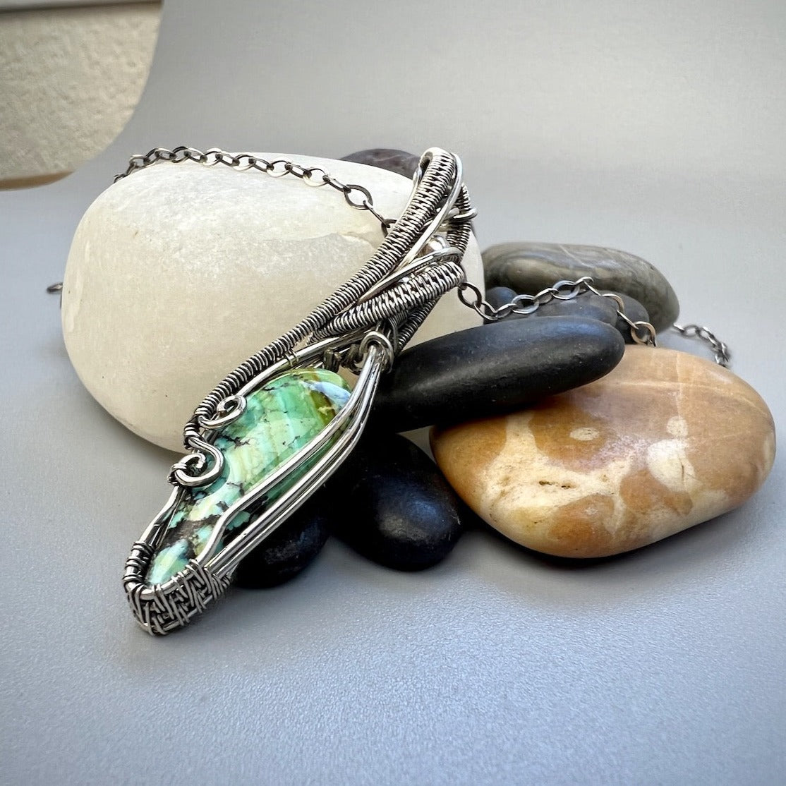 Sterling Silver Turquoise Pendant with Elegant Woven Accents - Silver Dryad Pendant