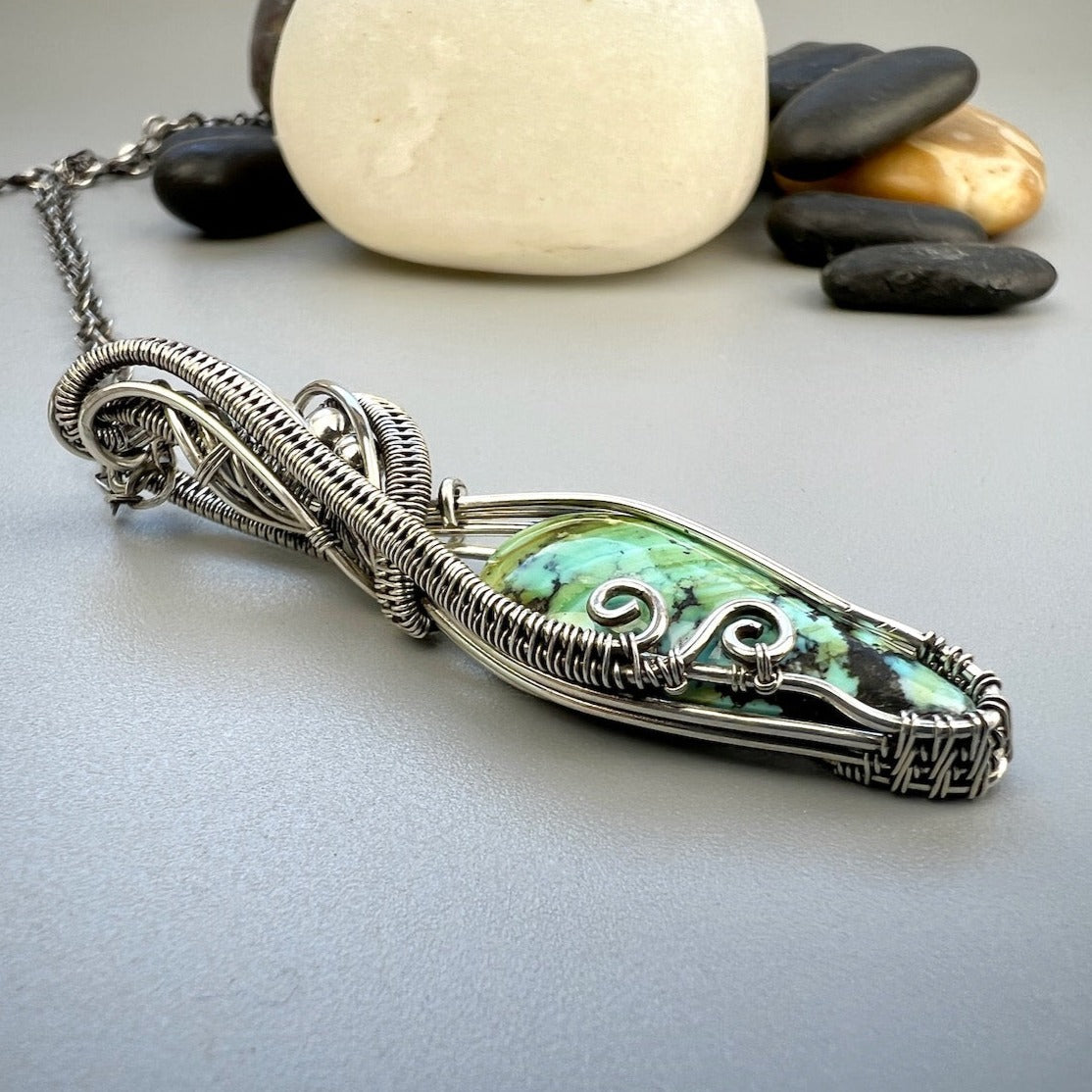 Sterling Silver Turquoise Pendant with Elegant Woven Accents - Silver Dryad Pendant