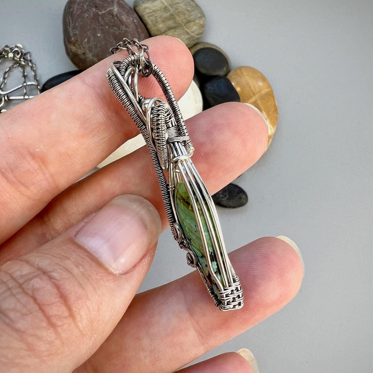 Sterling Silver Turquoise Pendant with Elegant Woven Accents - Silver Dryad Pendant