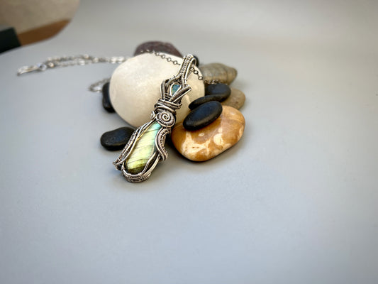 Sterling Silver Labradorite and Opal Pendant - Elegant Flowing Pendant