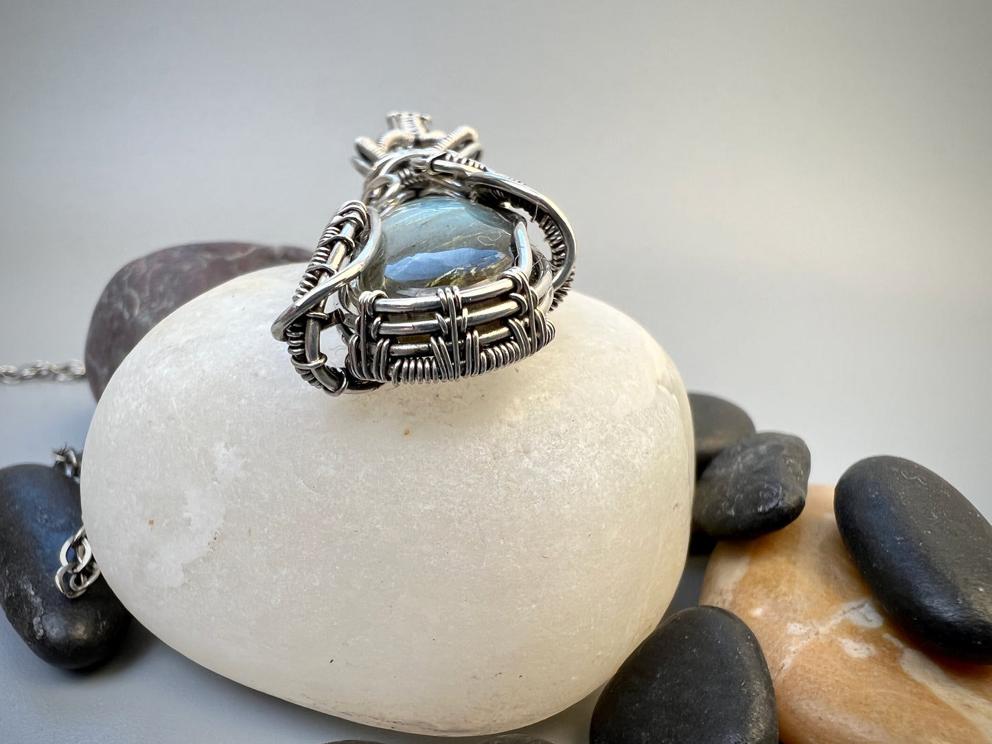 Sterling Silver Labradorite and Opal Pendant - Elegant Flowing Pendant