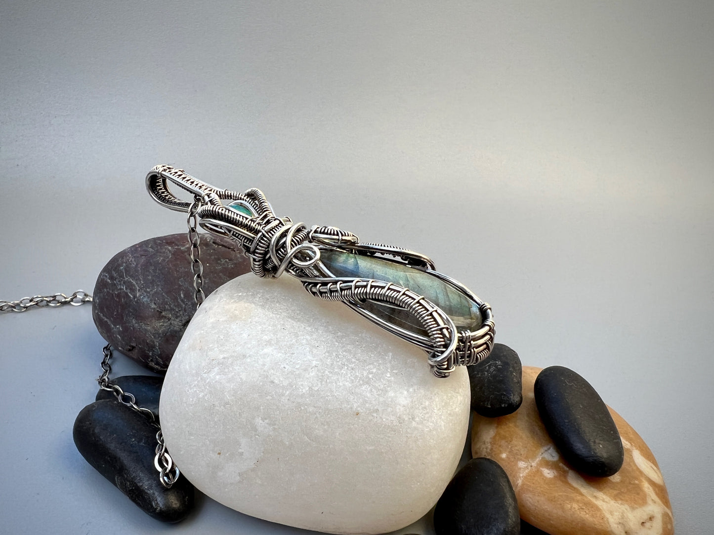 Sterling Silver Labradorite and Opal Pendant - Elegant Flowing Pendant