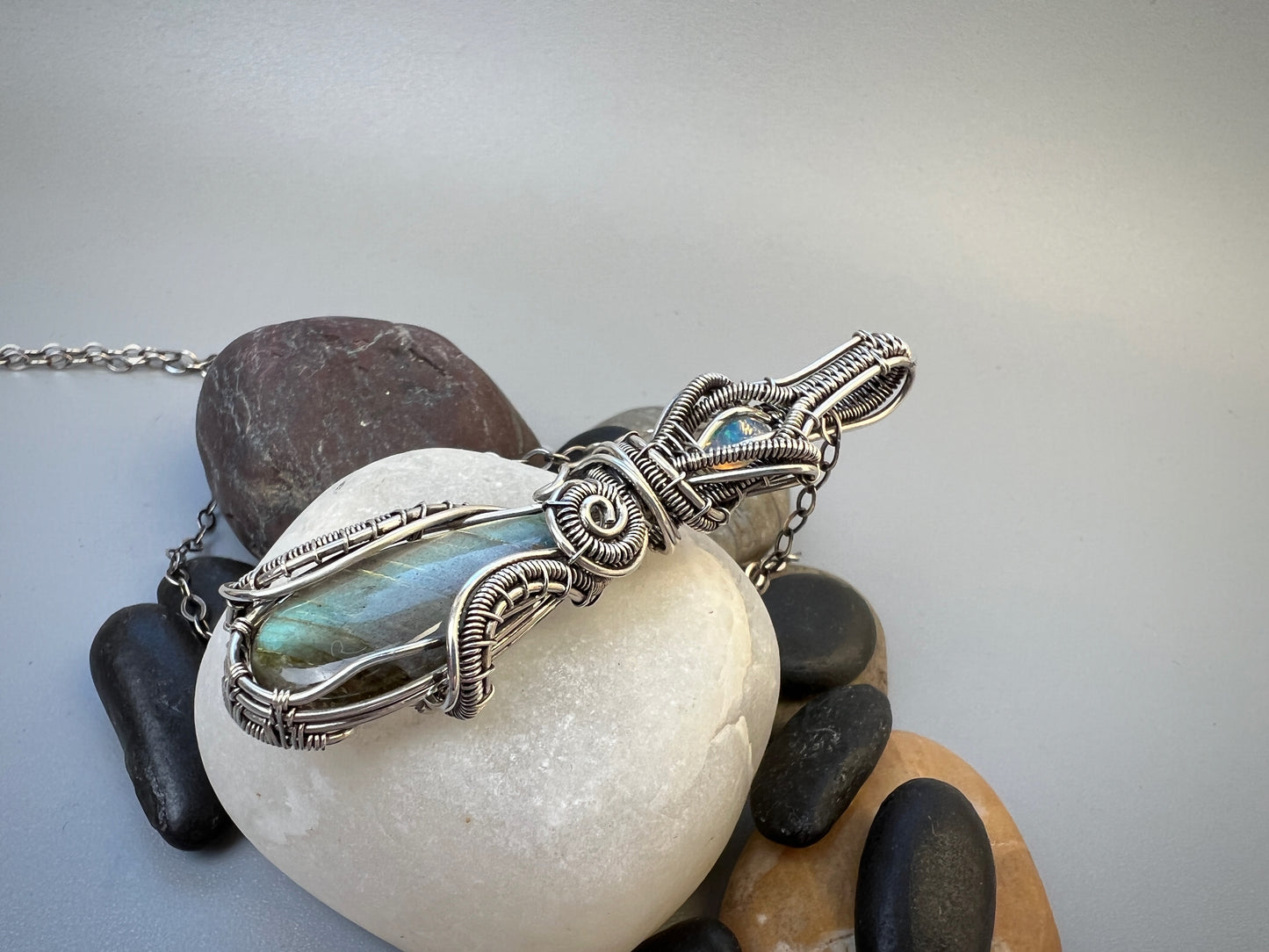 Sterling Silver Labradorite and Opal Pendant - Elegant Flowing Pendant
