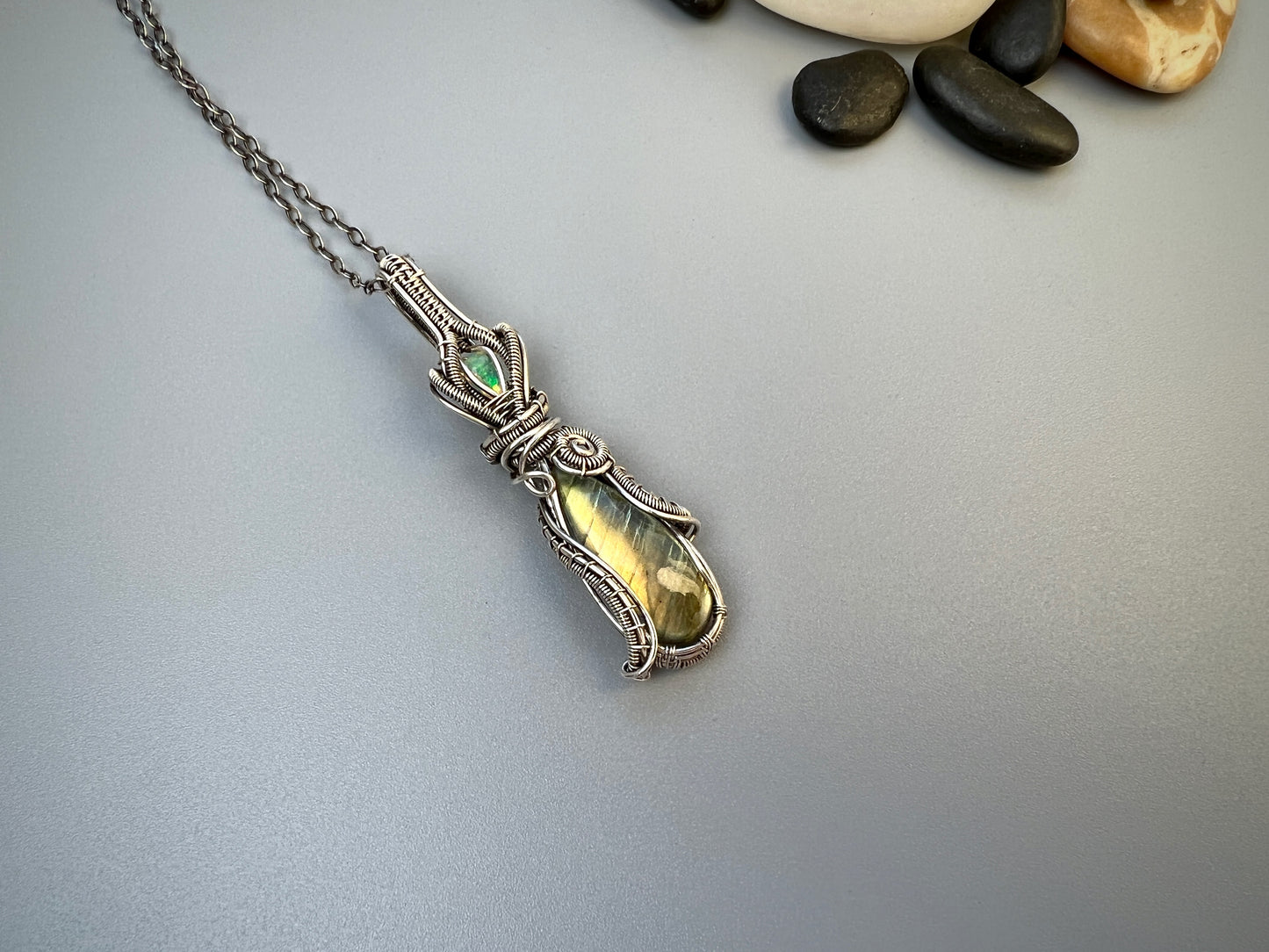 Sterling Silver Labradorite and Opal Pendant - Elegant Flowing Pendant