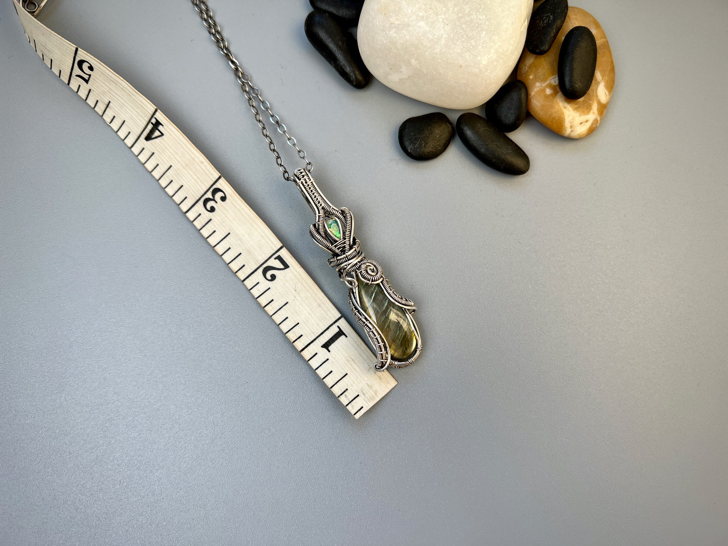 Sterling Silver Labradorite and Opal Pendant - Elegant Flowing Pendant
