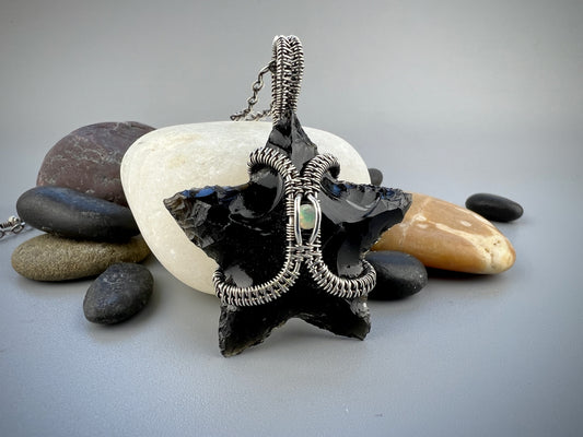 Sterling Silver Obsidian Star Pendant - Obsidian and Opal Pendant