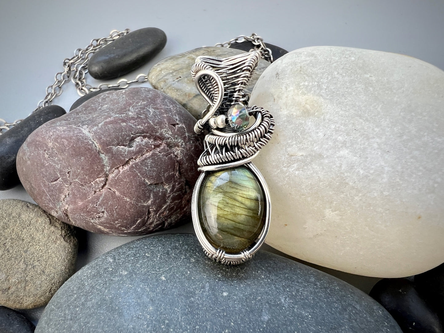 Sterling Silver Labradorite Pendant - Dainty Wirewoven Labradorite Necklace