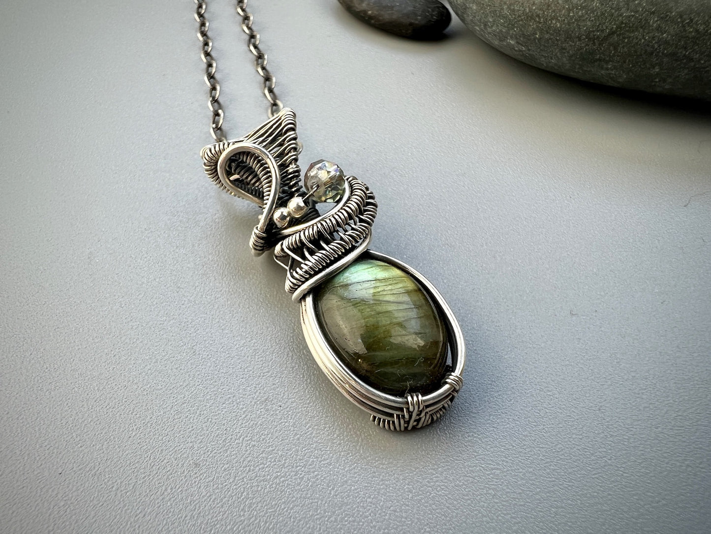 Sterling Silver Labradorite Pendant - Dainty Wirewoven Labradorite Necklace
