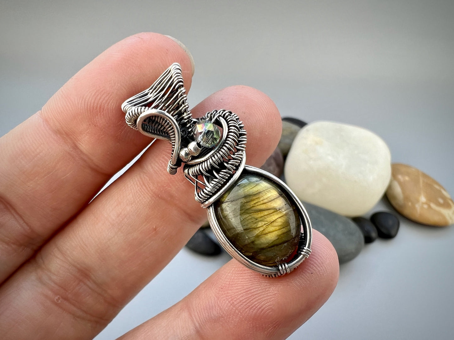 Sterling Silver Labradorite Pendant - Dainty Wirewoven Labradorite Necklace