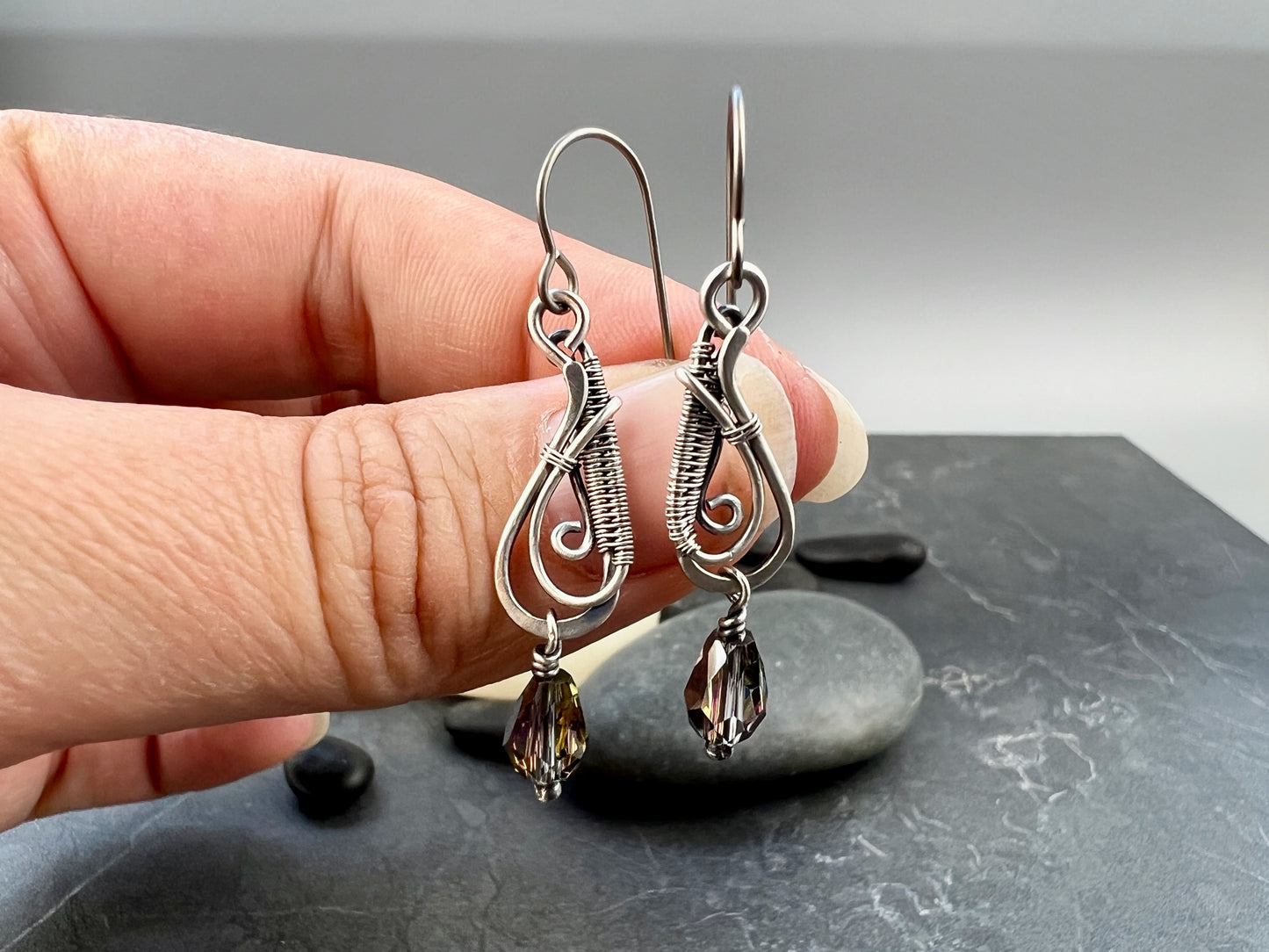 Handcrafted Sterling Silver Tear Drop Earrings with Watermelon Crystal | Intricate Wire Woven Design