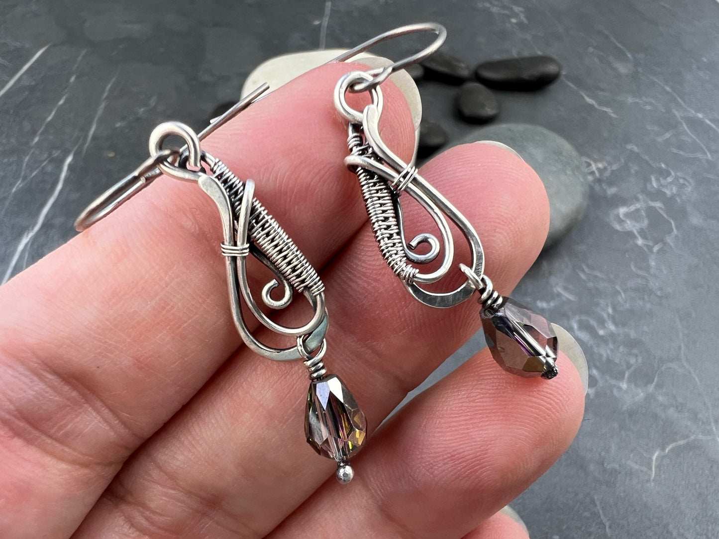 Handcrafted Sterling Silver Tear Drop Earrings with Watermelon Crystal | Intricate Wire Woven Design