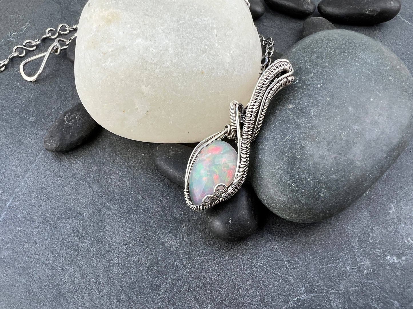 Large Elegant Silver Opal Pendant - Amazing Ethiopian Opal Pendant