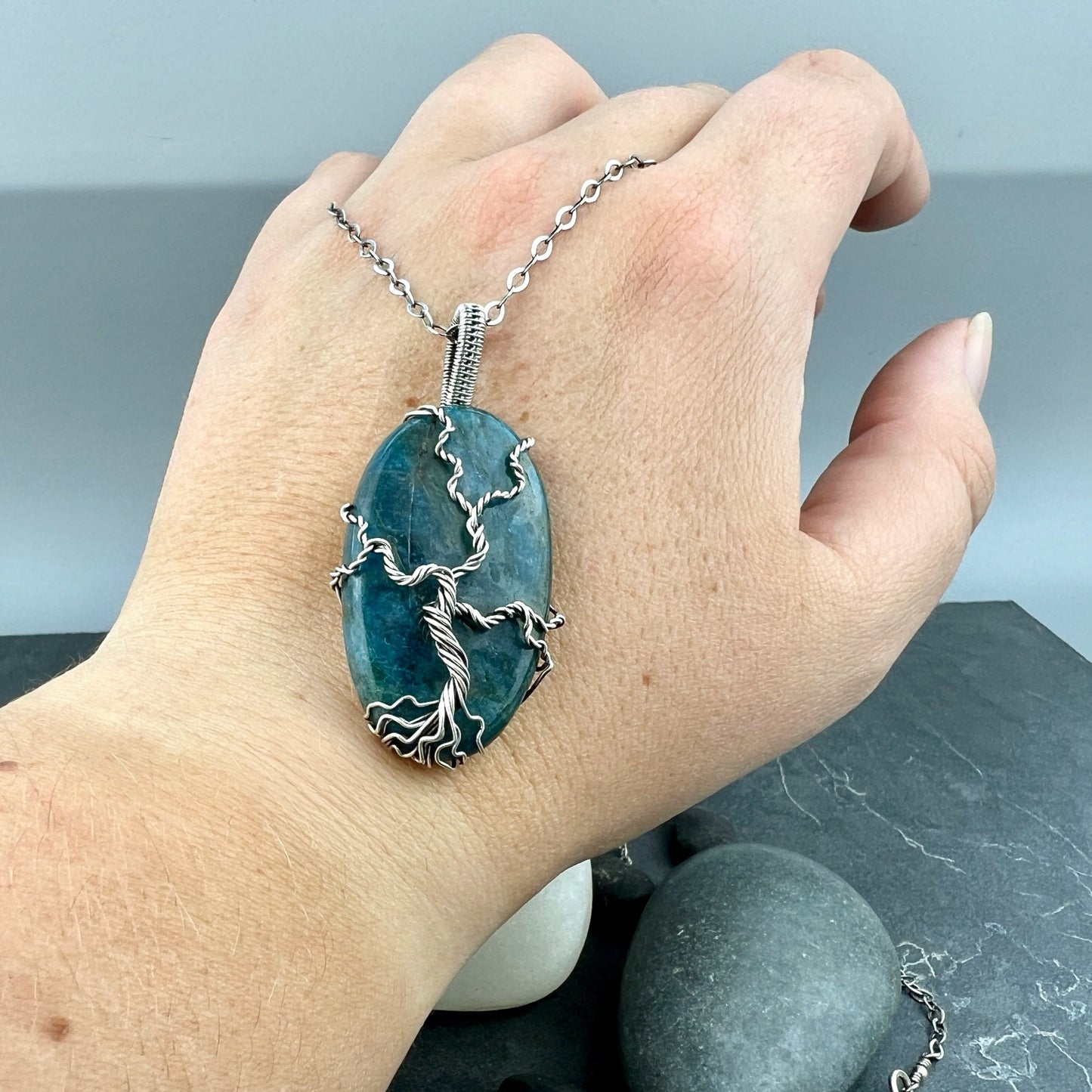 Sterling Silver Apatite Pendant - Tree of Life Pendant