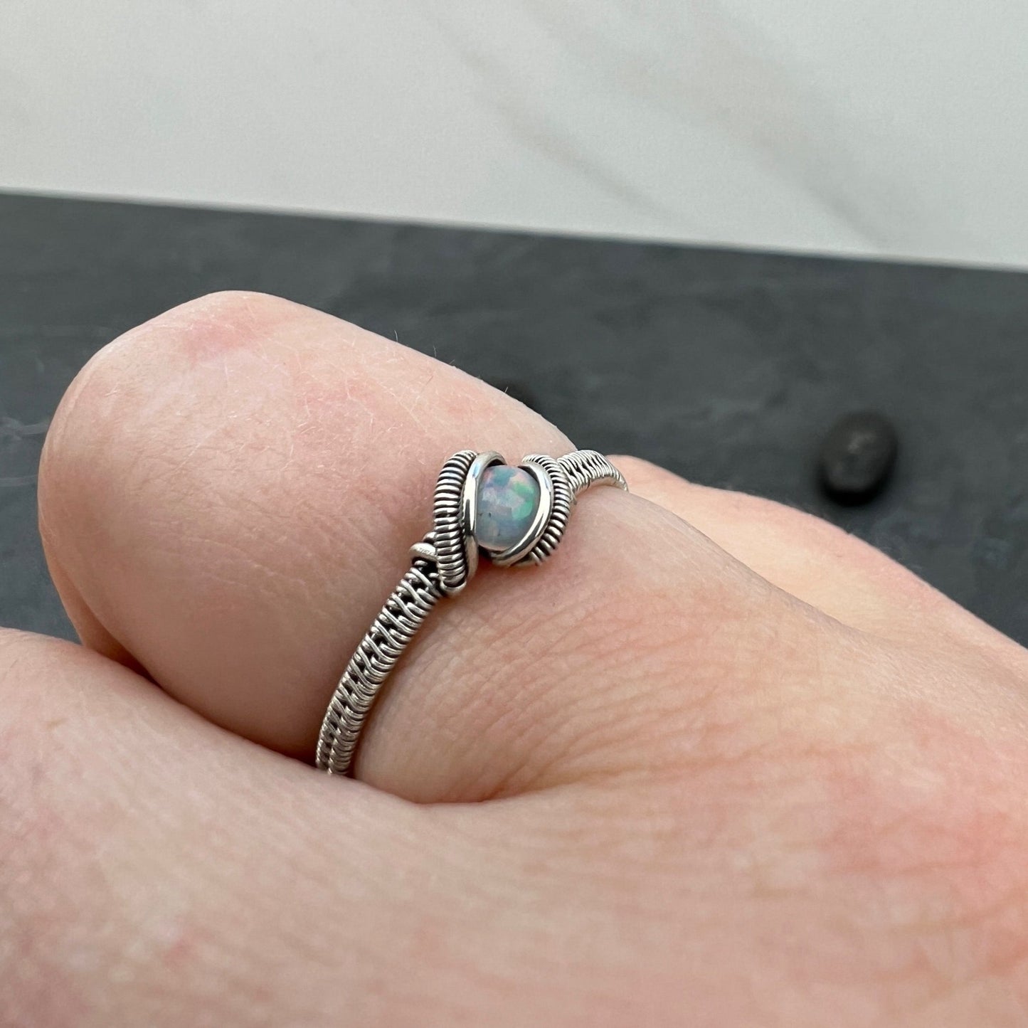 Ethiopian Opal Sterling Silver Ring - Intricate Wire Ring - US8.5