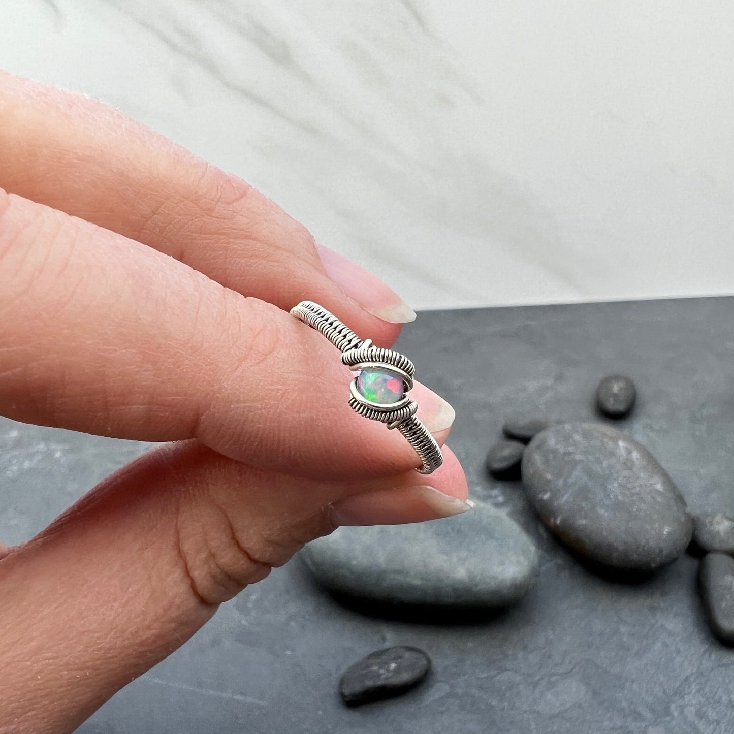 Ethiopian Opal Sterling Silver Ring - Intricate Wire Ring - US8.5