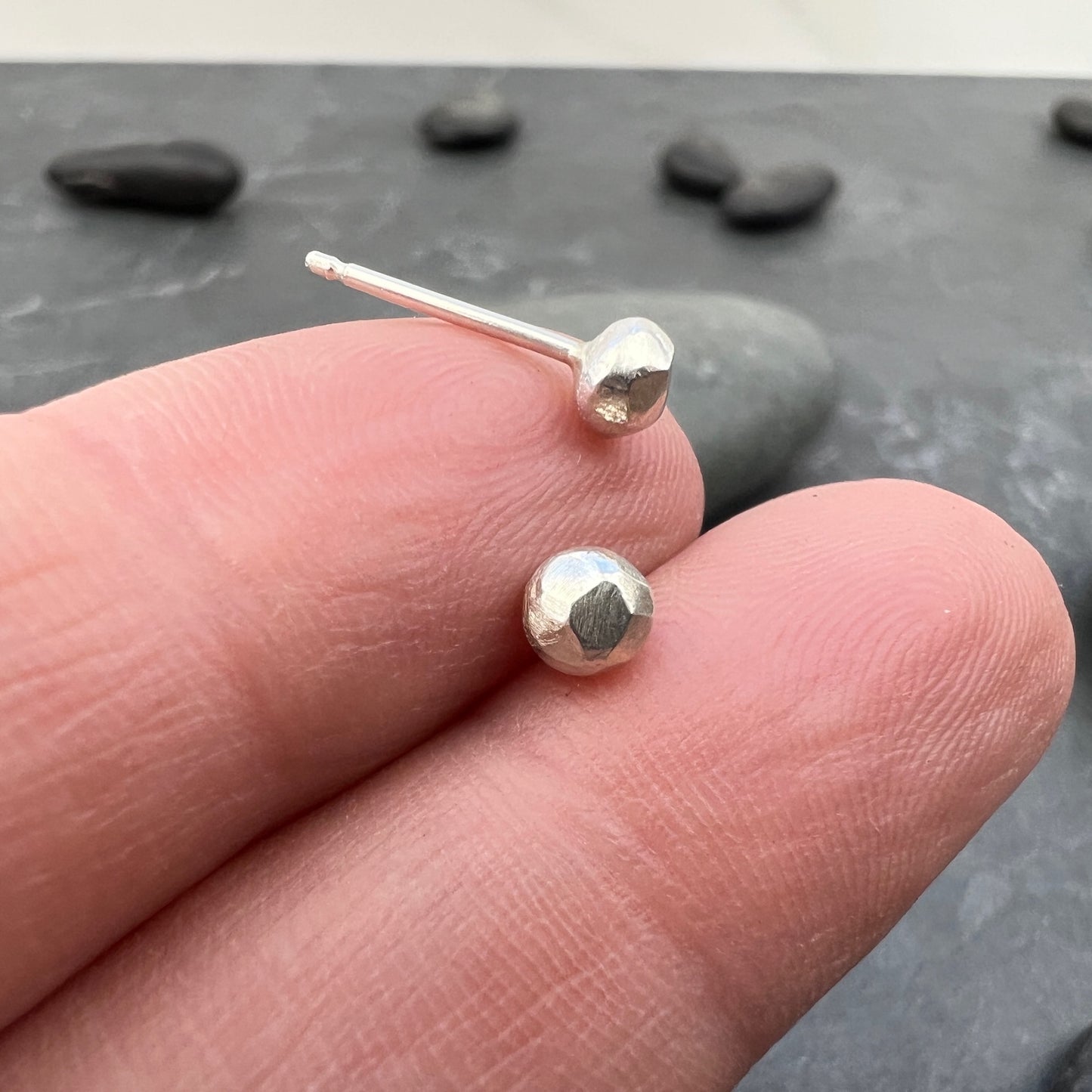 Recycled Sterling Silver Stud Earrings - Subtle Faceted Design - Handcrafted Jewelry