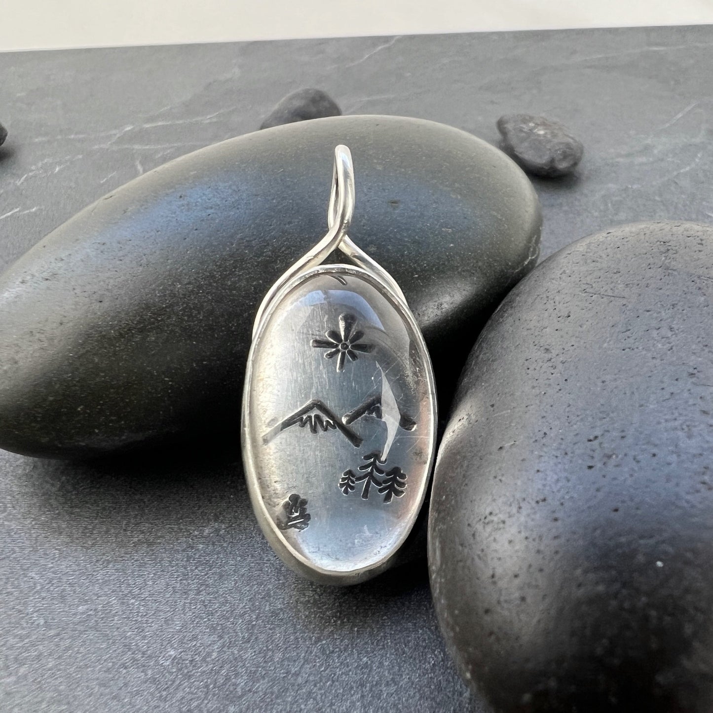 Clear Quartz Pendant | Sterling Silver Mountain Scene Necklace