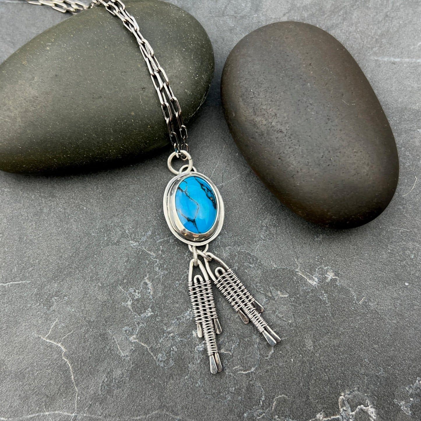Turquoise "bolo" Pendant with Woven Dangles