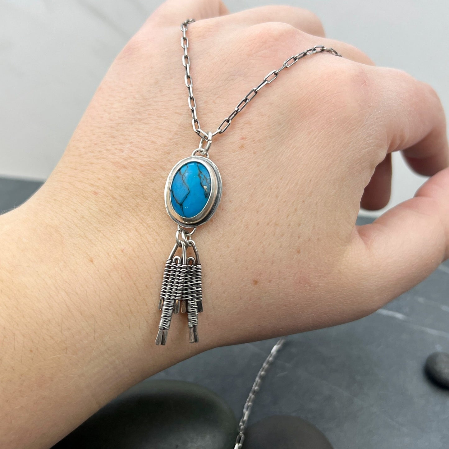 Turquoise "bolo" Pendant with Woven Dangles
