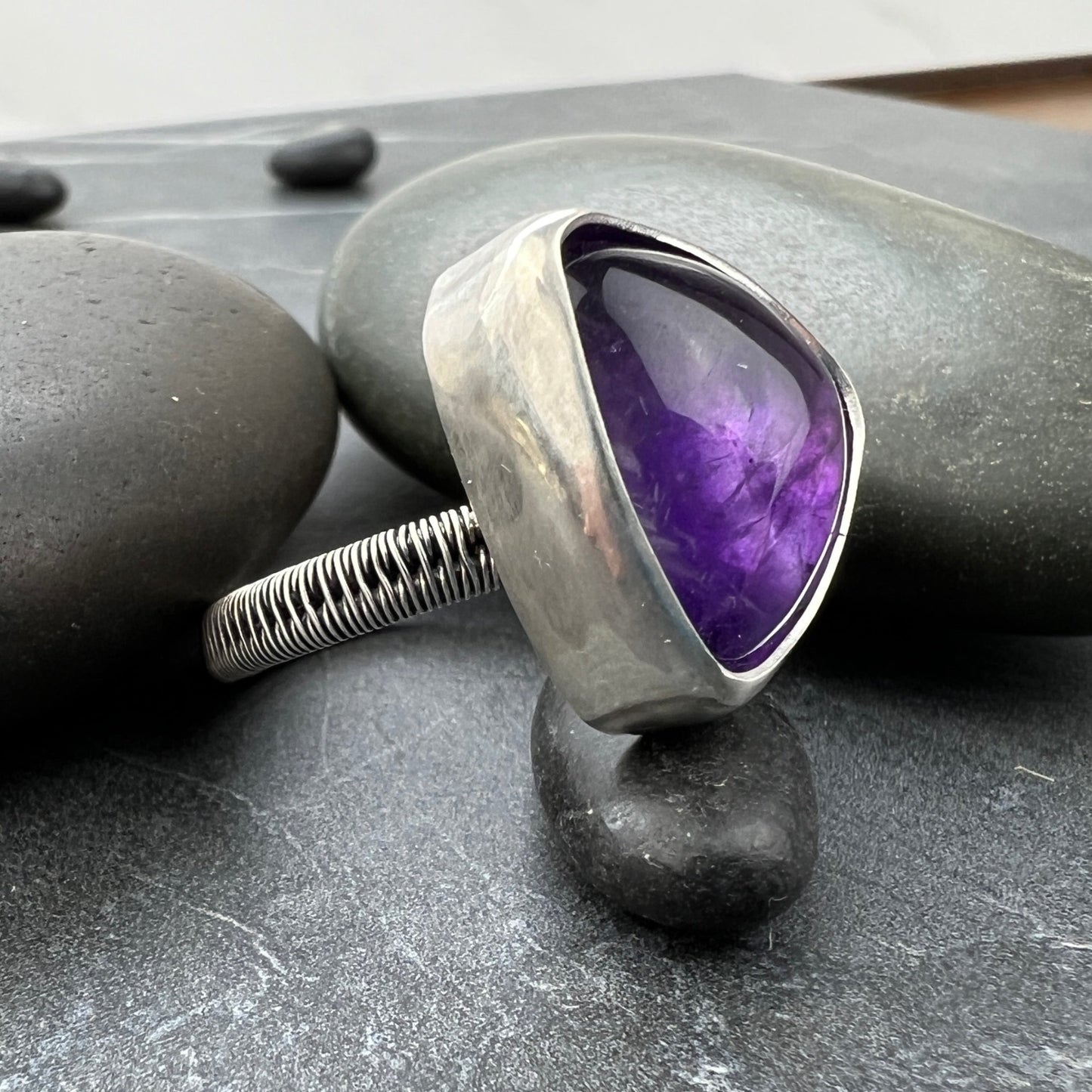 Triangular Amethyst Ring with Woven Band US8.5