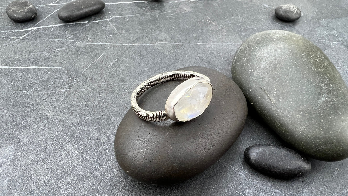 Oval Moonstone Sterling Silver Ring with Woven Band US8