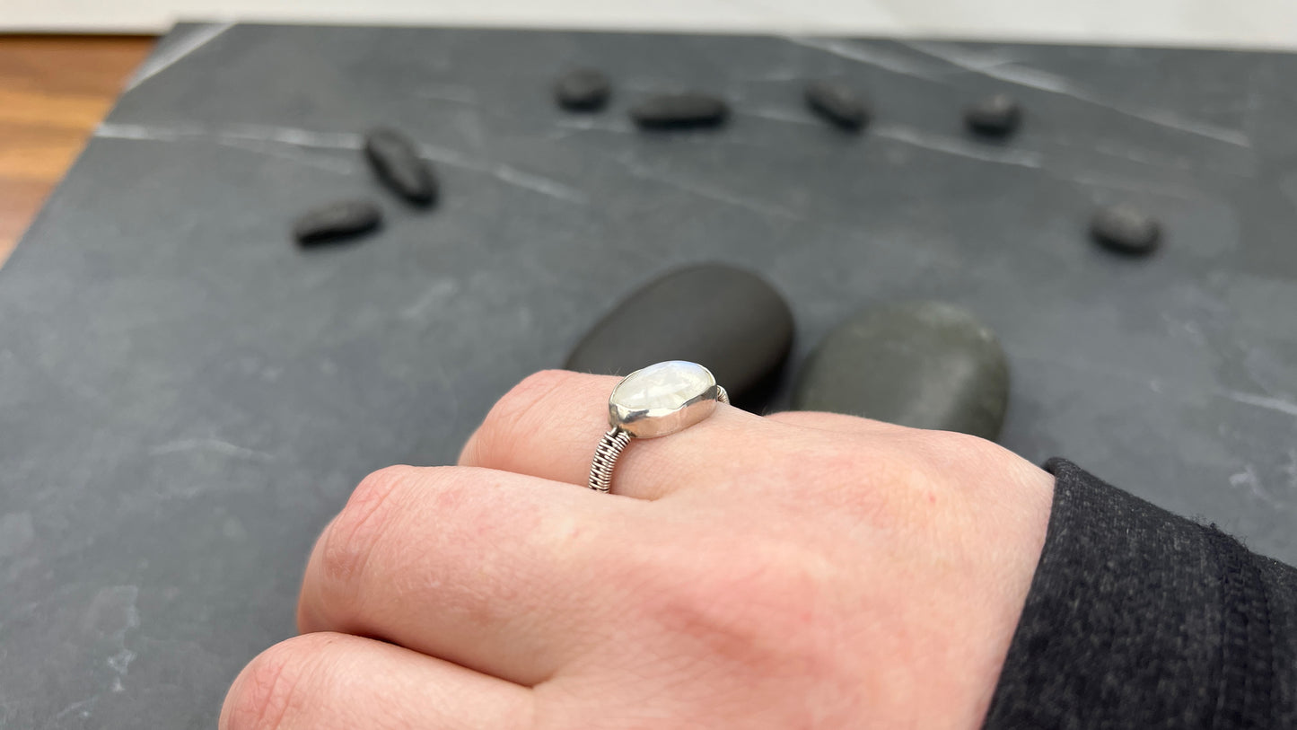 Oval Moonstone Sterling Silver Ring with Woven Band US8