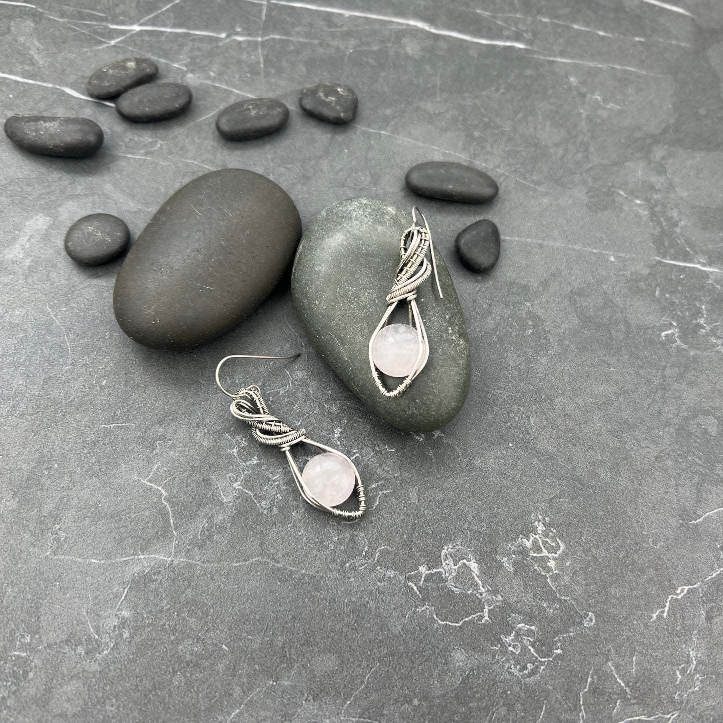 Handcrafted Sterling Silver Rose Quartz Earrings | Unique Artistic Design