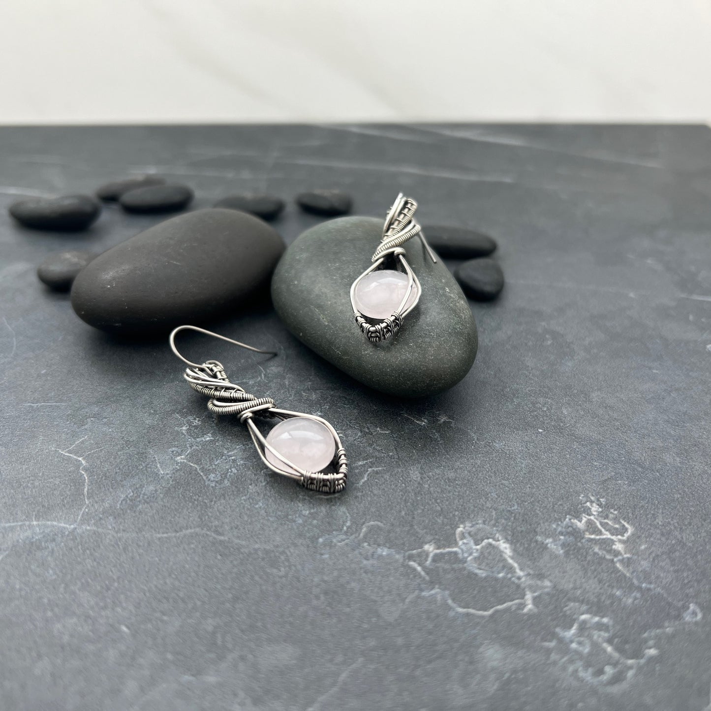 Handcrafted Sterling Silver Rose Quartz Earrings | Unique Artistic Design