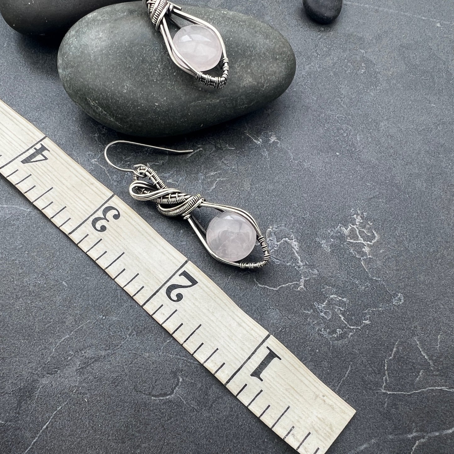 Handcrafted Sterling Silver Rose Quartz Earrings | Unique Artistic Design