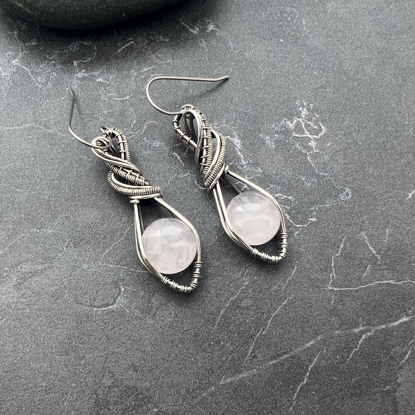 Handcrafted Sterling Silver Rose Quartz Earrings | Unique Artistic Design
