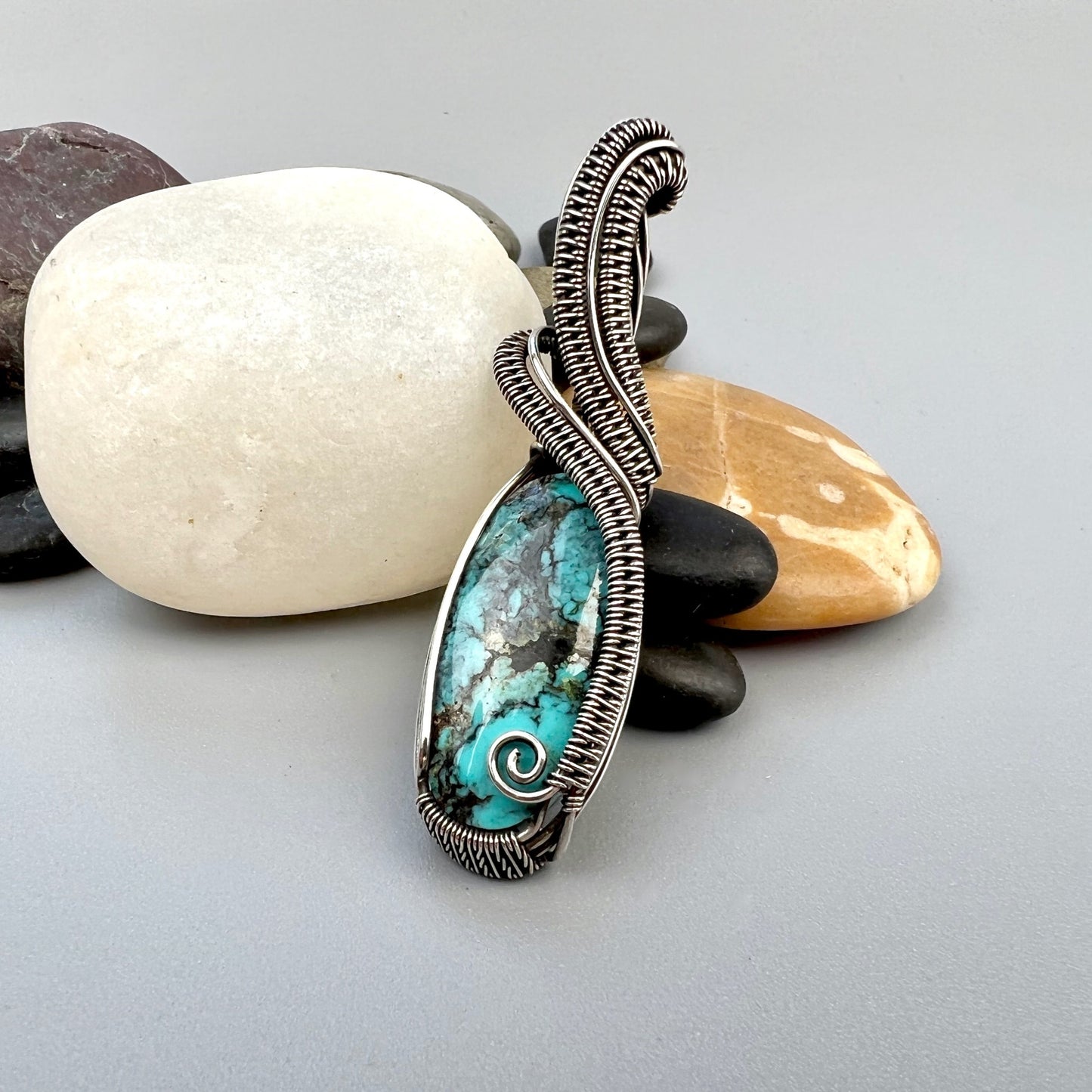 Elegant Swirly Silver Turquoise Pendant - Sterling Silver Dryad Pendant