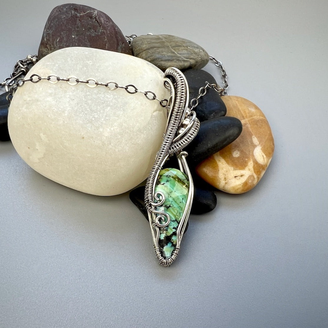 Sterling Silver Turquoise Pendant with Elegant Woven Accents - Silver Dryad Pendant