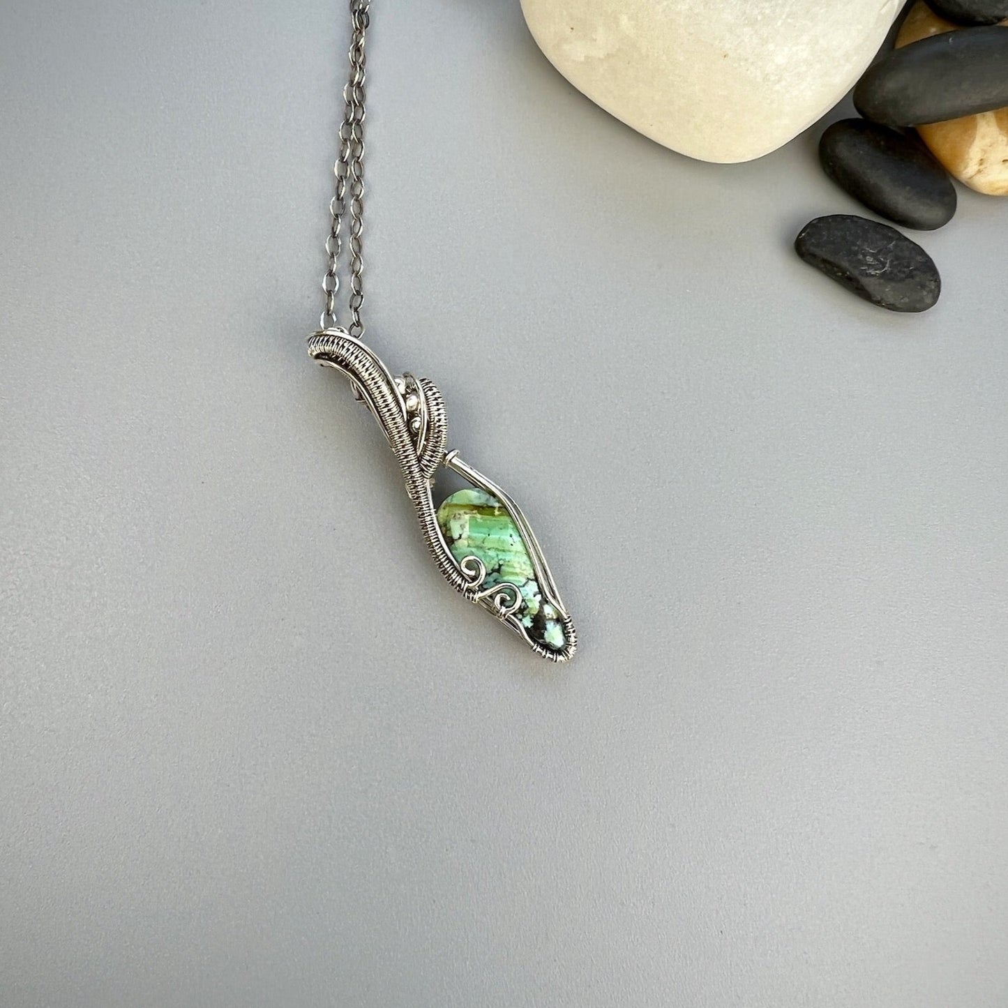 Sterling Silver Turquoise Pendant with Elegant Woven Accents - Silver Dryad Pendant
