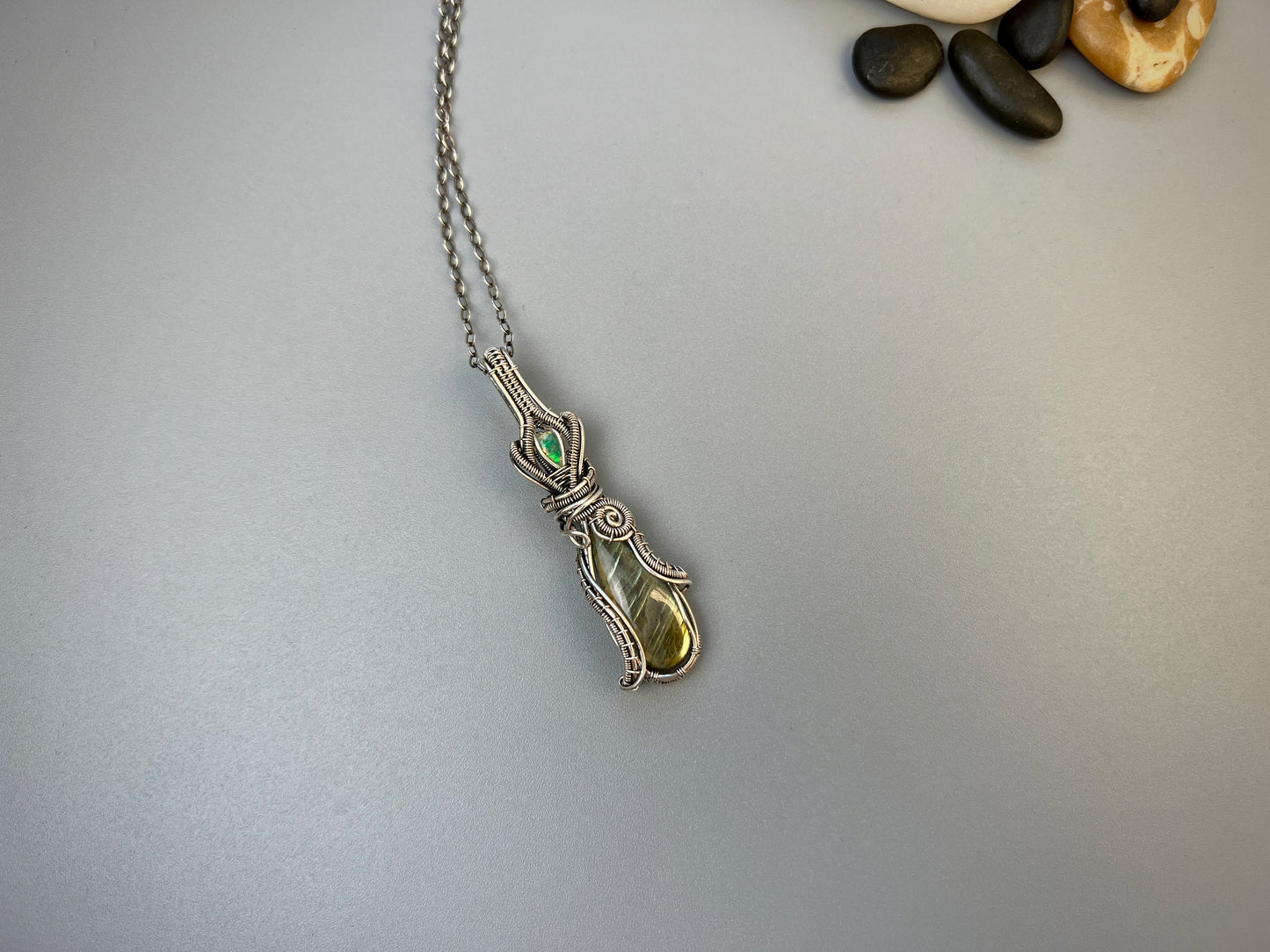 Sterling Silver Labradorite and Opal Pendant - Elegant Flowing Pendant