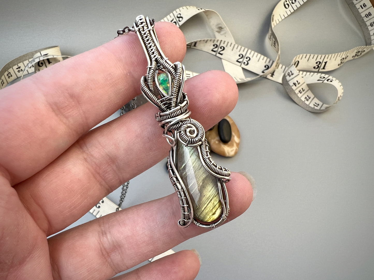 Sterling Silver Labradorite and Opal Pendant - Elegant Flowing Pendant