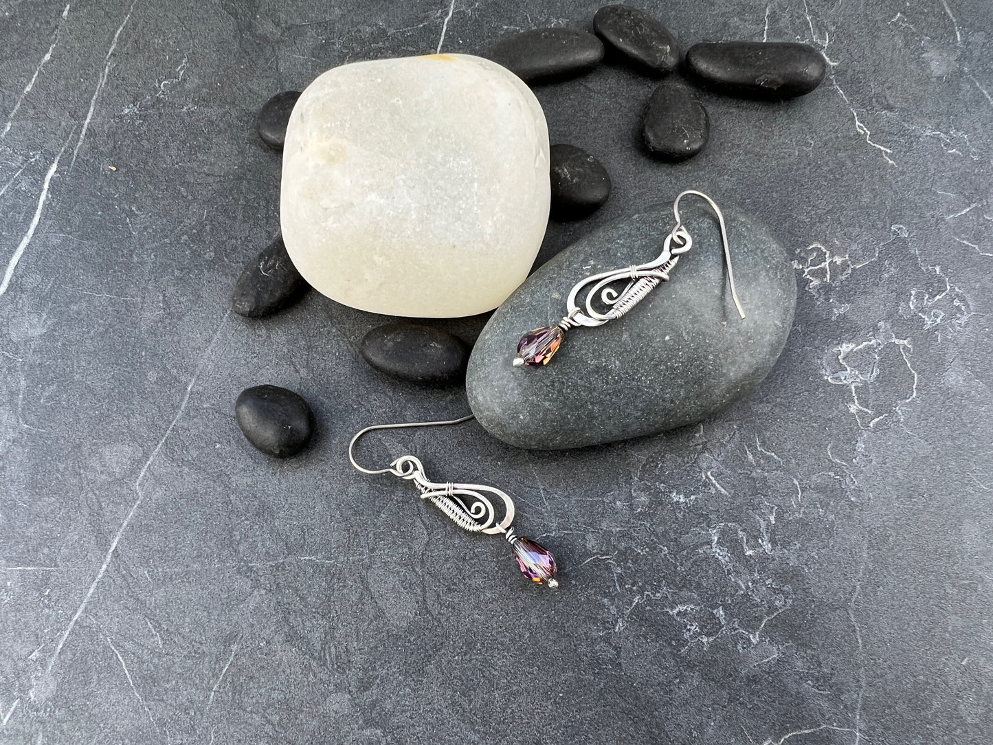 Handcrafted Sterling Silver Tear Drop Earrings with Watermelon Crystal | Intricate Wire Woven Design