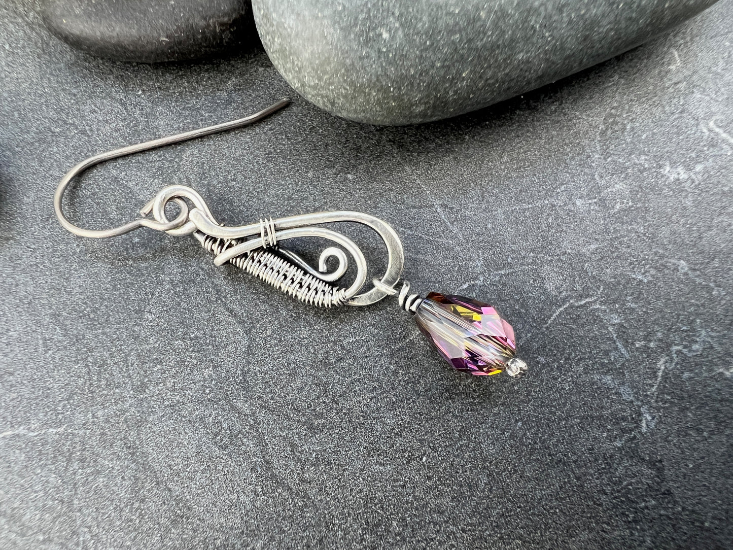 Handcrafted Sterling Silver Tear Drop Earrings with Watermelon Crystal | Intricate Wire Woven Design