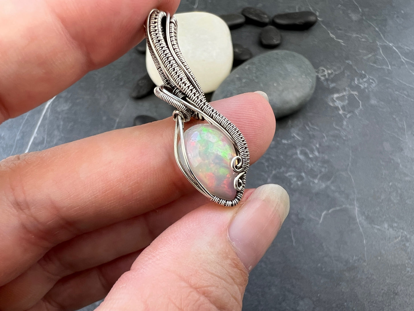 Large Elegant Silver Opal Pendant - Amazing Ethiopian Opal Pendant