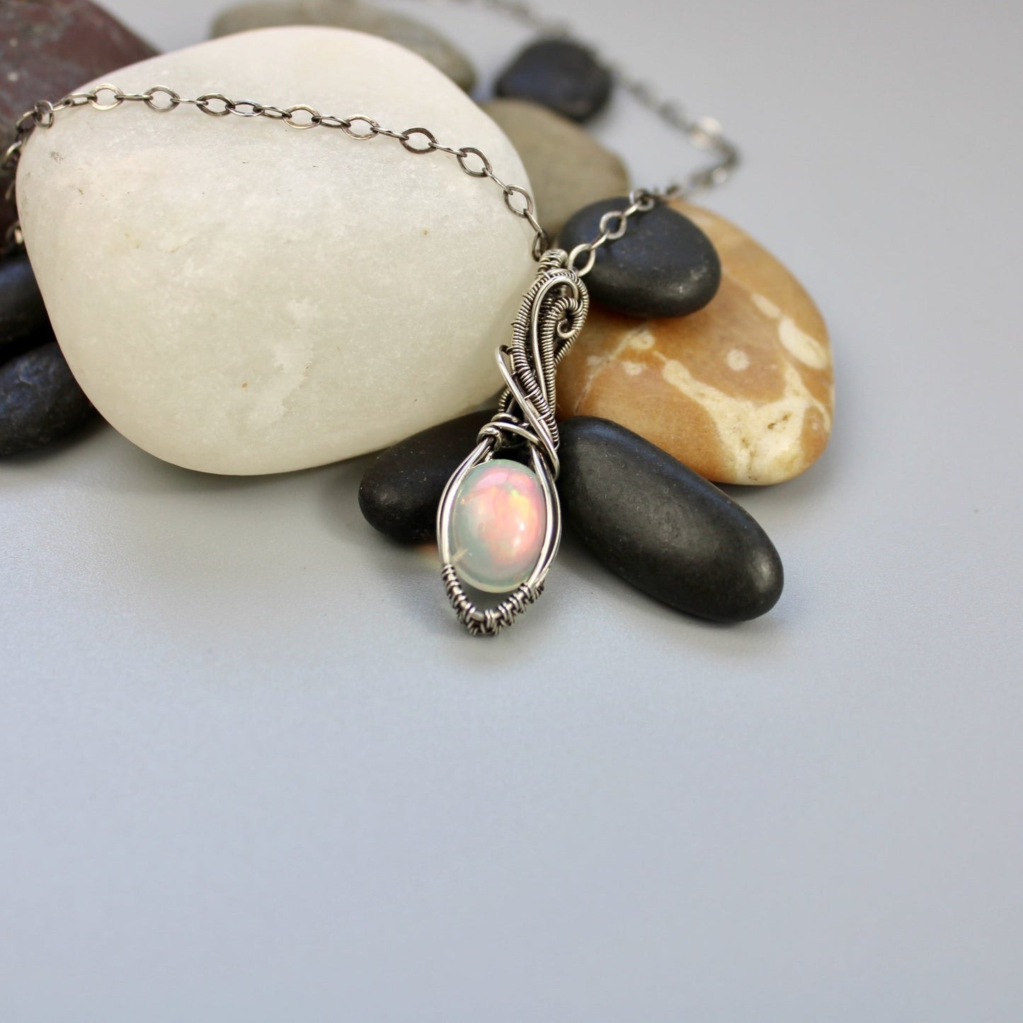 Elegant Swirly Silver Opal Pendant - Stunning Ethiopian Opal