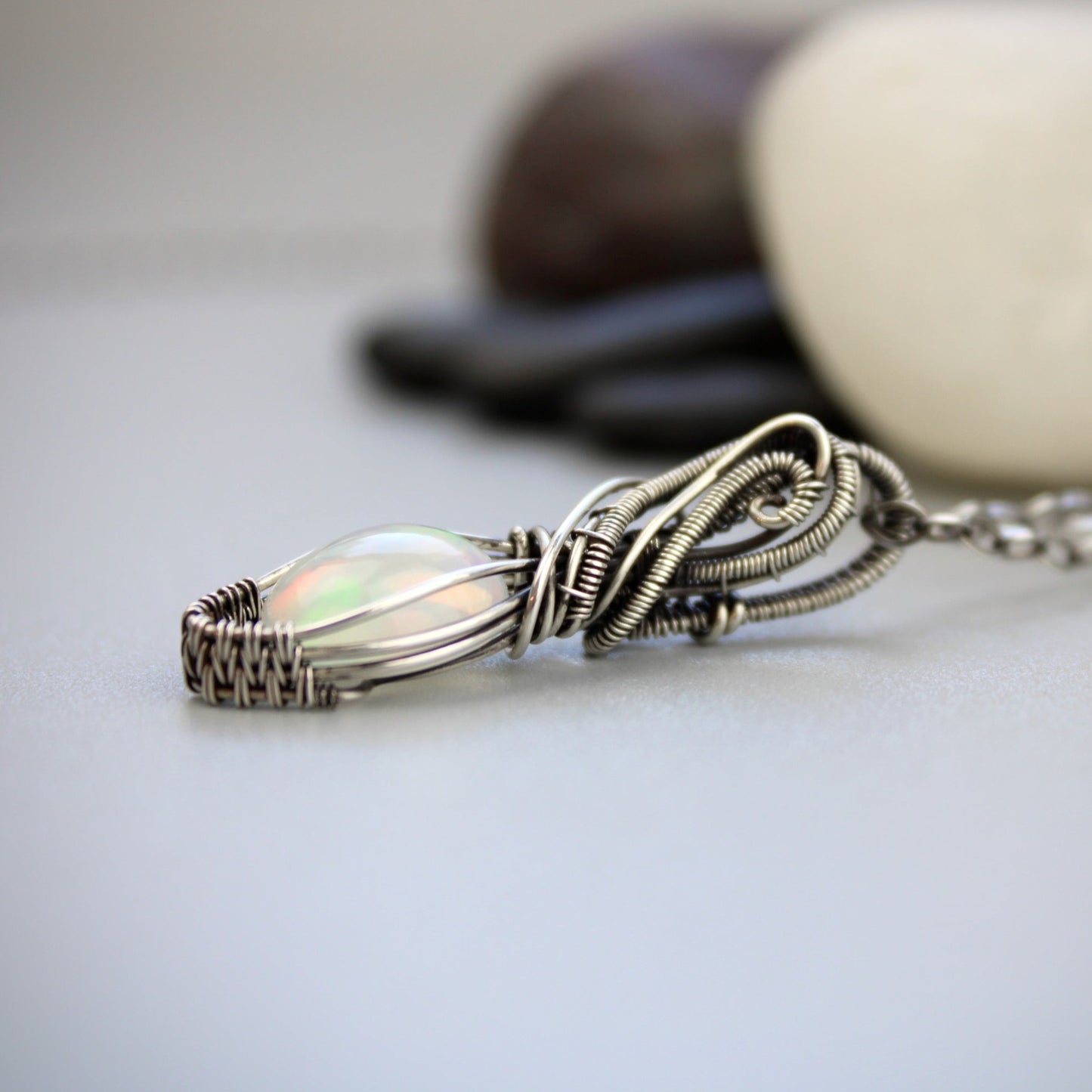 Elegant Swirly Silver Opal Pendant - Stunning Ethiopian Opal