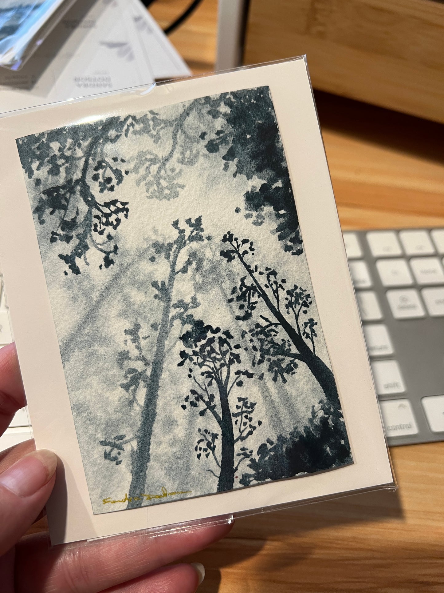 Misty forest treetops, tiny - Watercolor Art
