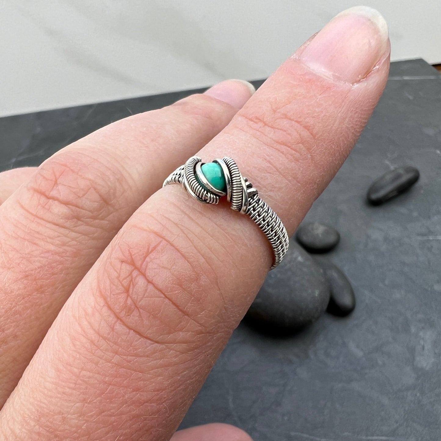 Turquoise Sterling Silver Ring - Intricate Wire Ring - US6