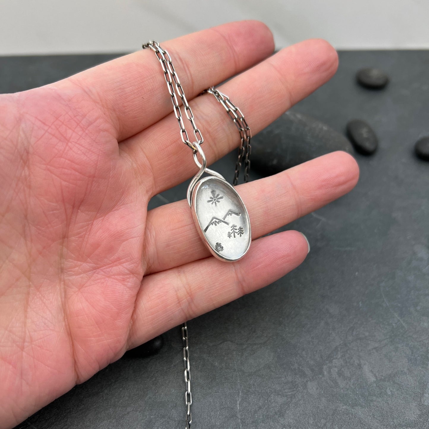 Clear Quartz Pendant | Sterling Silver Mountain Scene Necklace