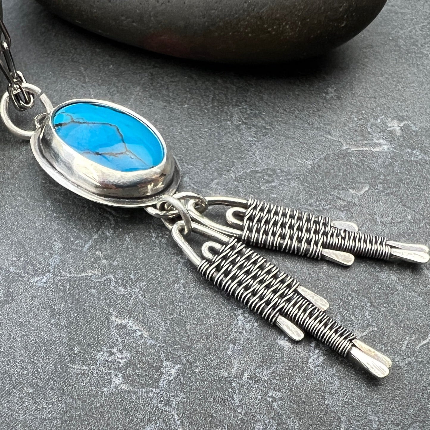 Turquoise "bolo" Pendant with Woven Dangles