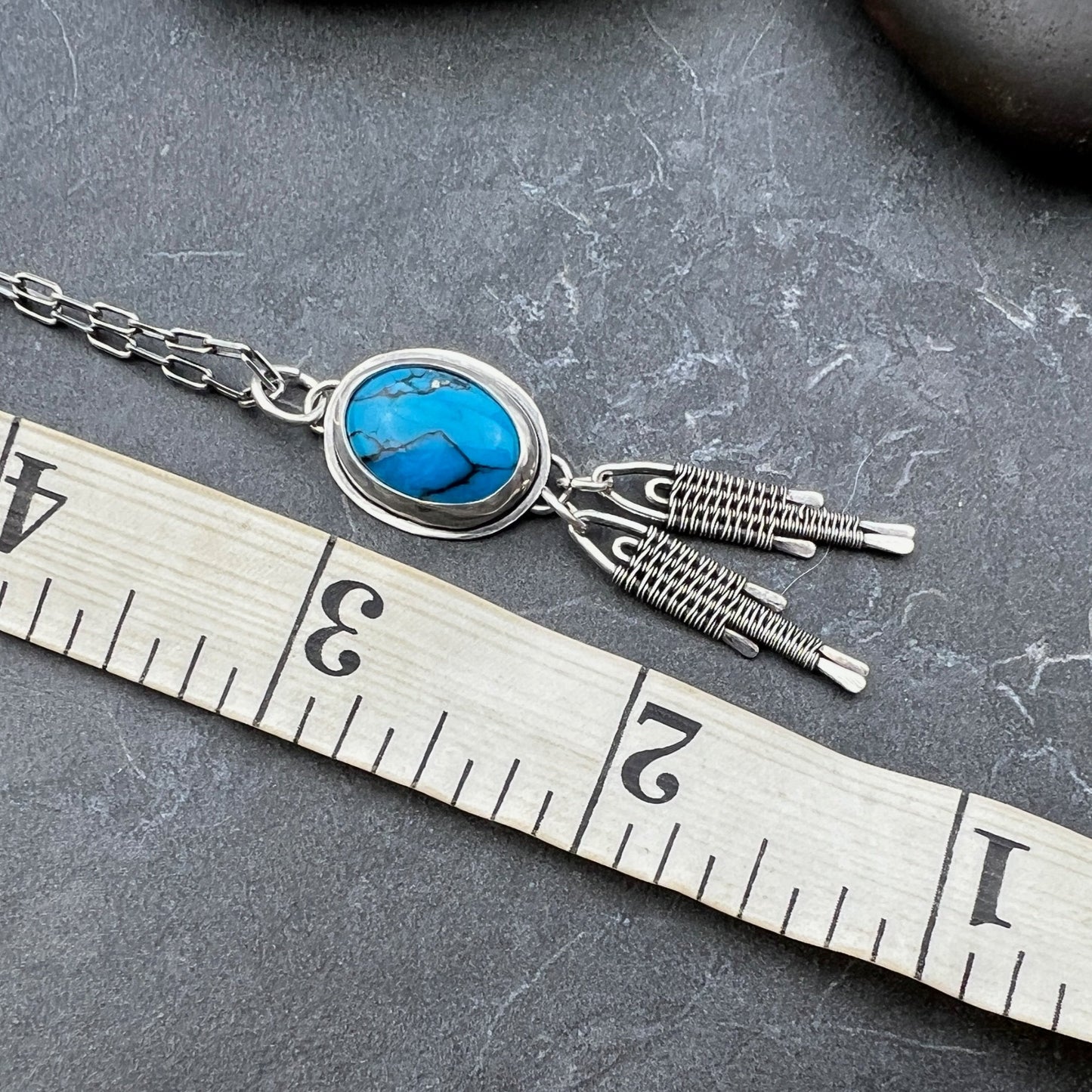 Turquoise "bolo" Pendant with Woven Dangles
