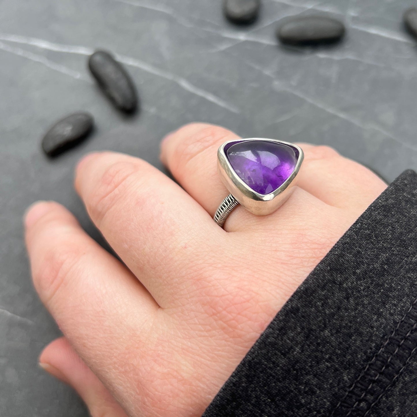 Triangular Amethyst Ring with Woven Band US8.5