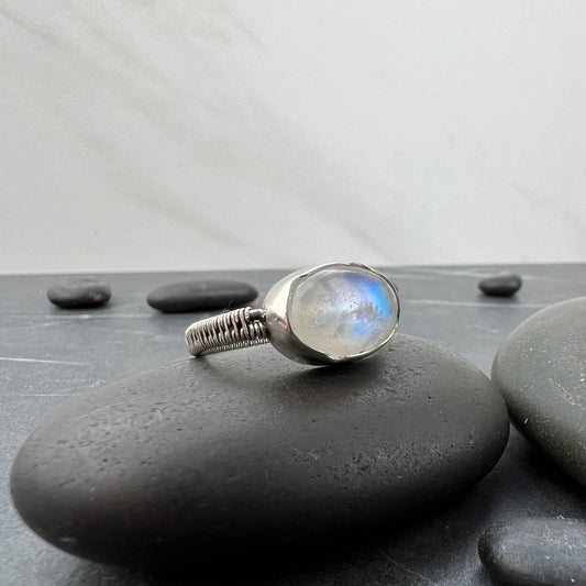 Oval Moonstone Sterling Silver Ring with Woven Band US8
