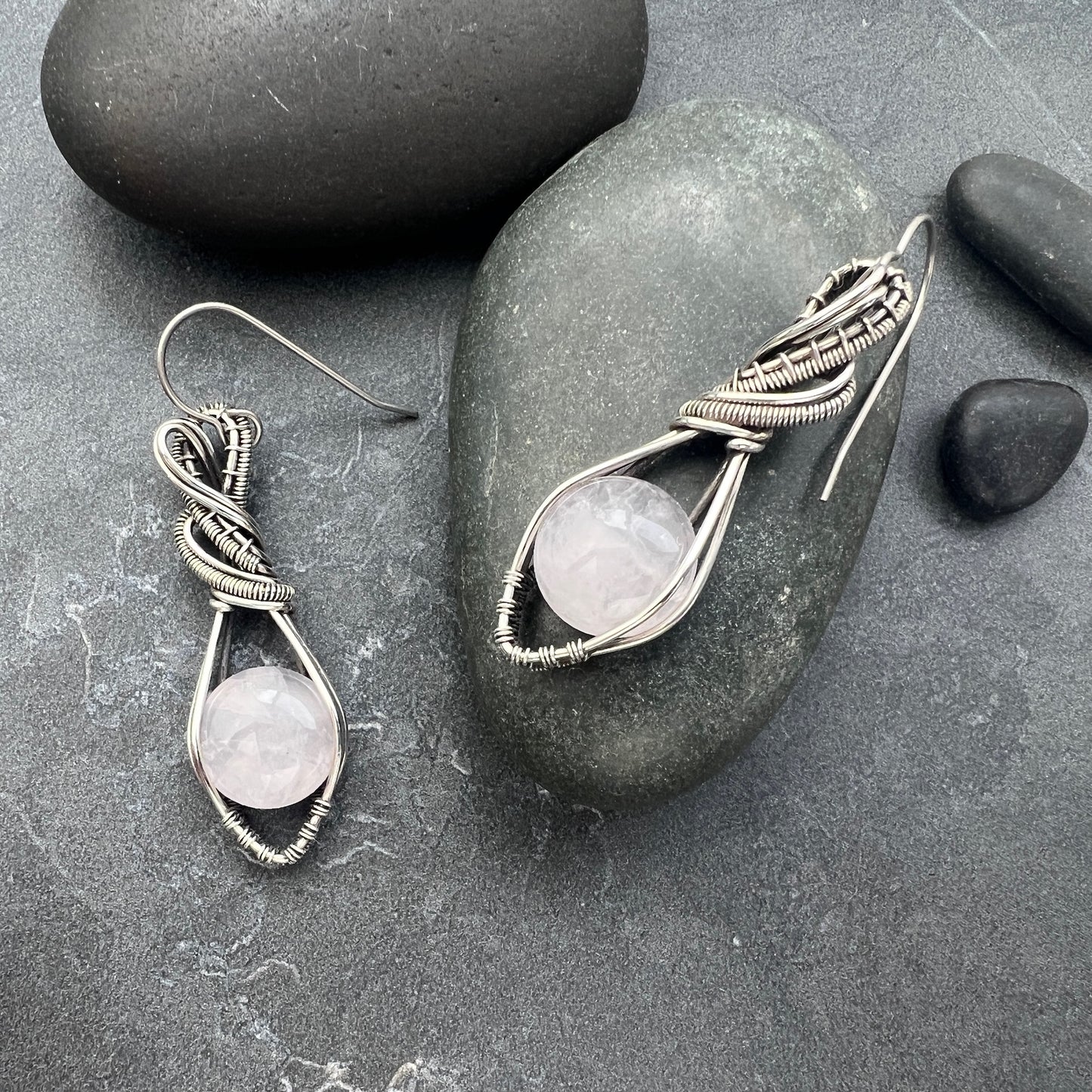 Handcrafted Sterling Silver Rose Quartz Earrings | Unique Artistic Design