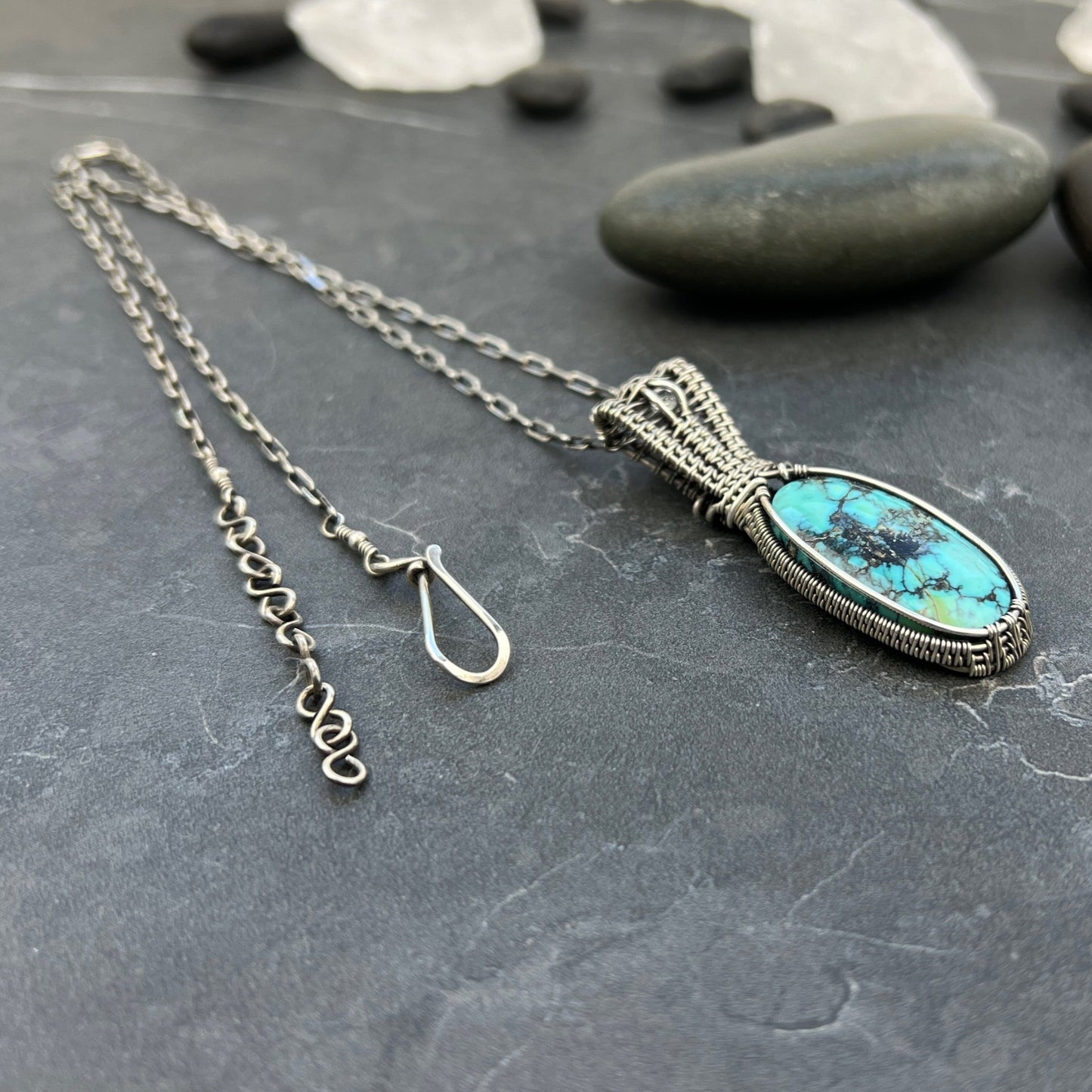 Silver Turquoise Pendant - Sterling Silver and Aquamarine Necklace